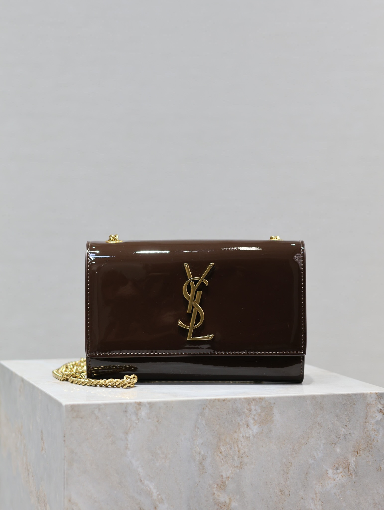 YSL KATE SMALL IN SHINY LEATHER COFFEE 7.8 X 4.9 X 1.9 INCHES