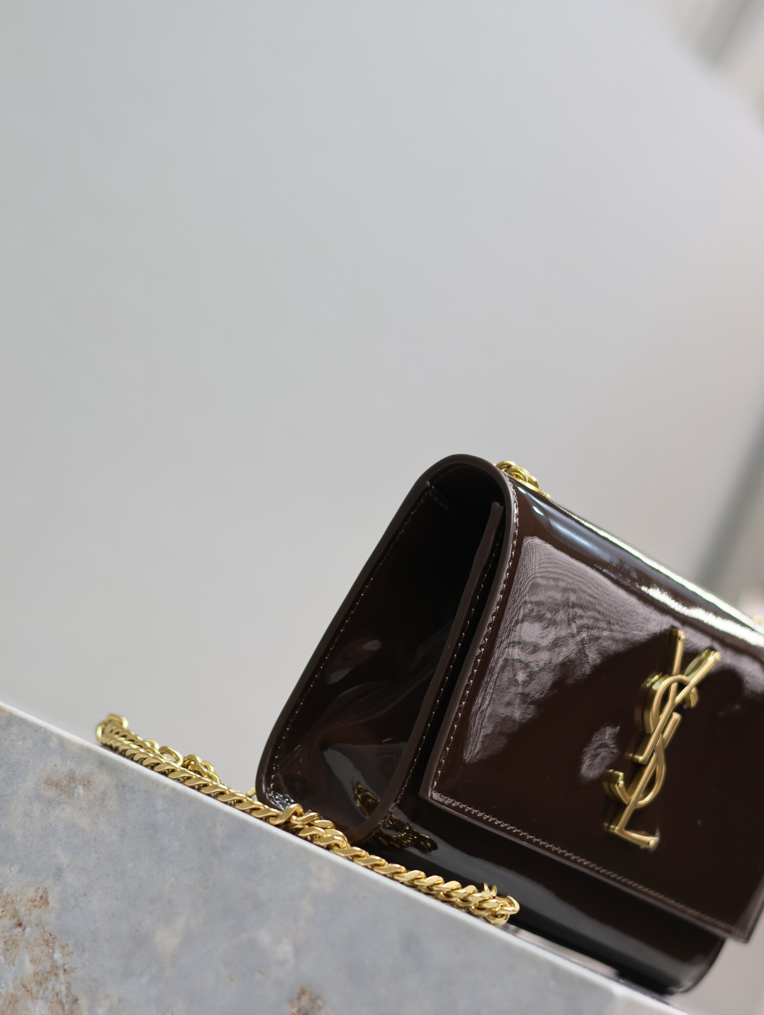 YSL KATE SMALL IN SHINY LEATHER COFFEE 7.8 X 4.9 X 1.9 INCHES