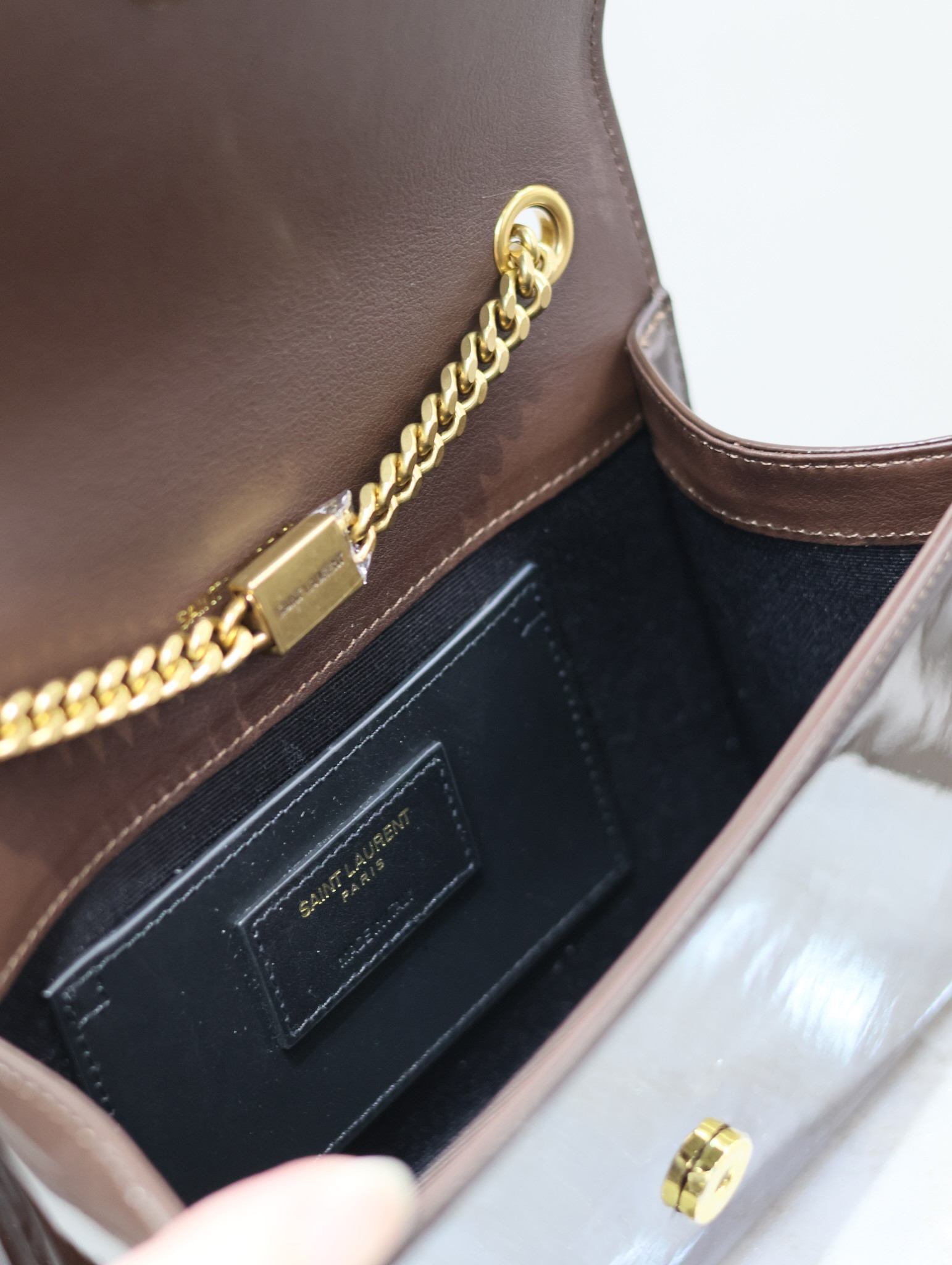 YSL KATE SMALL IN SHINY LEATHER COFFEE 7.8 X 4.9 X 1.9 INCHES