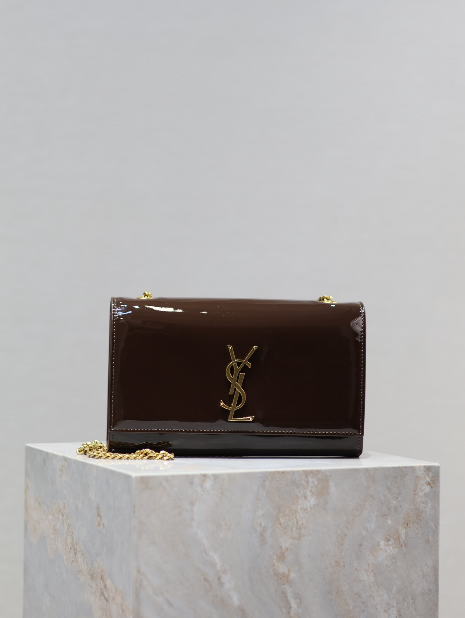 YSL KATE MEDIUM IN SHINY LEATHER BROWN 9.4 X 5.7 X 2.1 INCHES