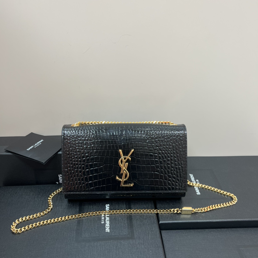 YSL KATE MEDIUM IN CROCODILE-EMBOSSED LEATHER BLACK 9.4 X 5.7 X 2.1 INCHES