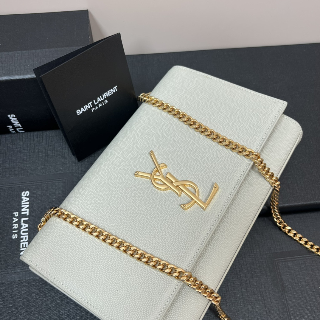 YSL KATE MEDIUM IN GRAIN DE POUDRE EMBOSSED LEATHER WHITE GOLD 9.4 X 5.7 X 2.1 INCHES
