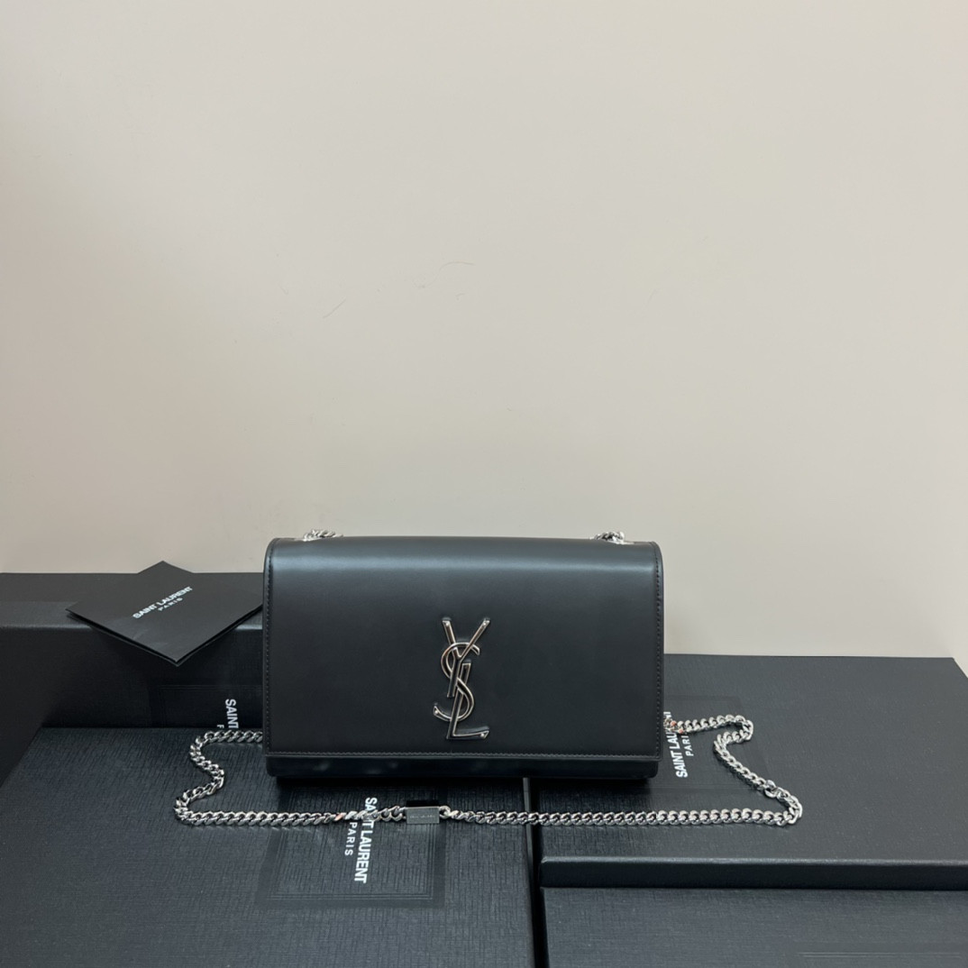 YSL KATE MEDIUM IN SMOOTH LEATHER BLACK SILVER 9.4 X 5.7 X 2.1 INCHES