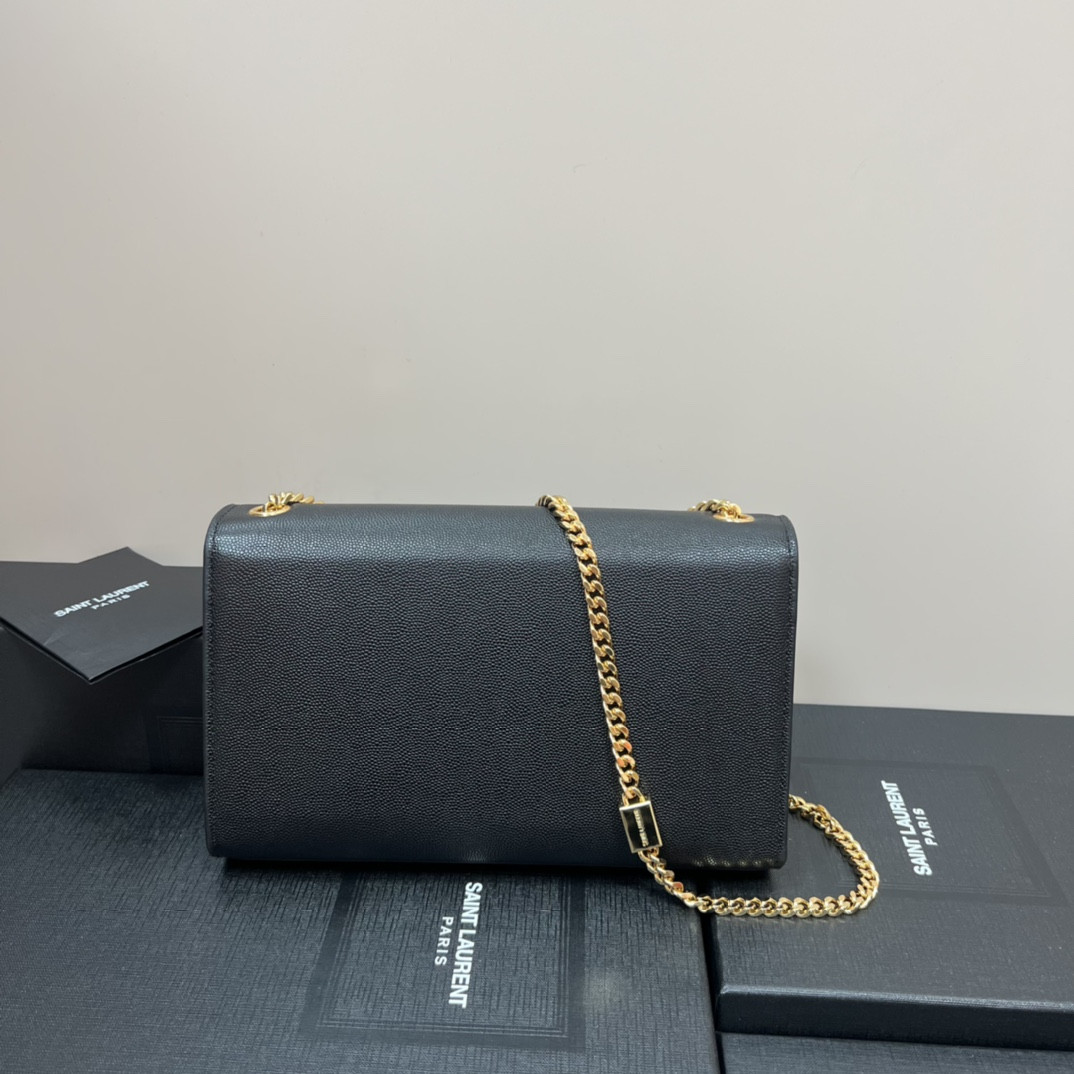 YSL KATE MEDIUM IN GRAIN DE POUDRE EMBOSSED LEATHER BLACK GOLD 9.4 X 5.7 X 2.1 INCHES