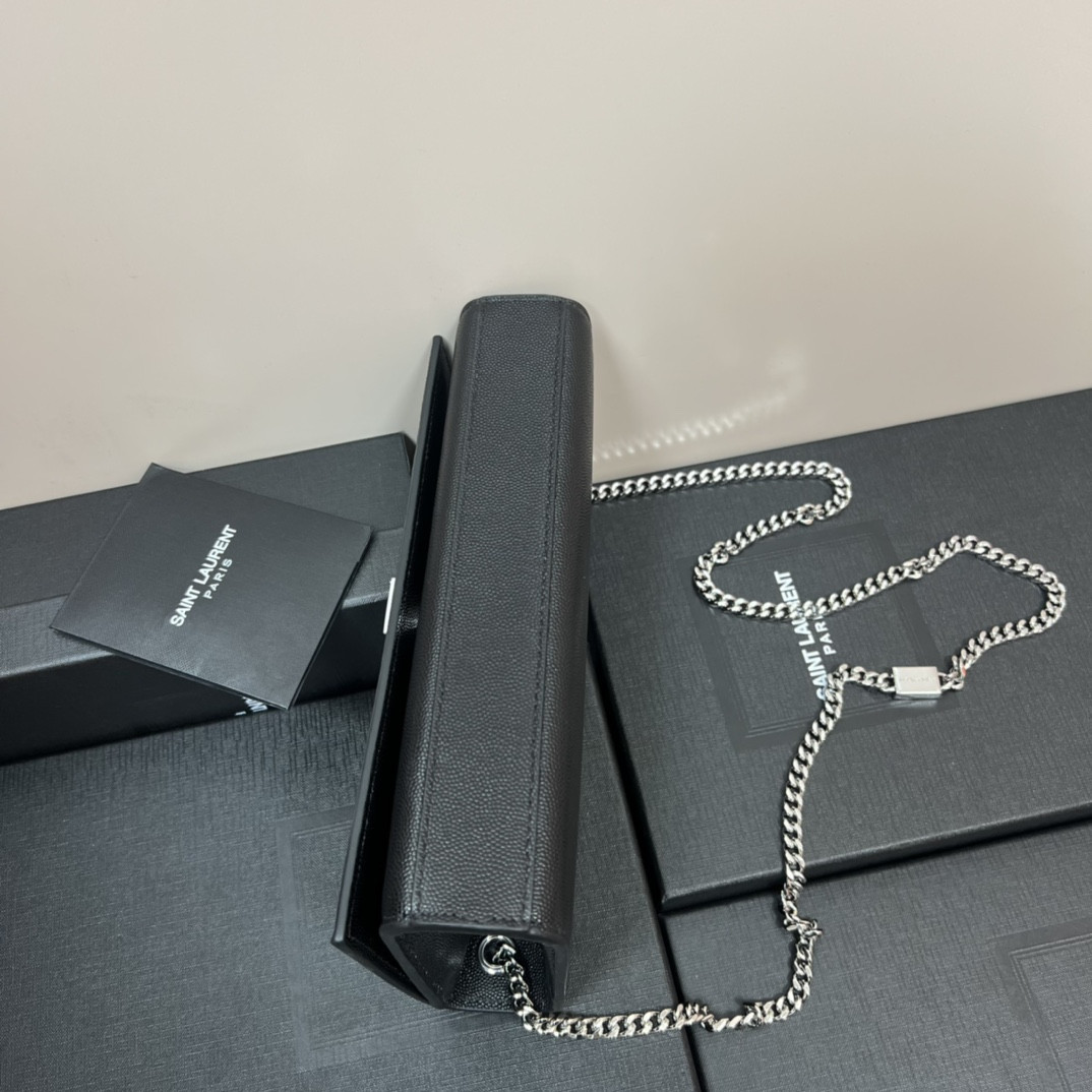 YSL KATE MEDIUM IN GRAIN DE POUDRE EMBOSSED LEATHER BLACK SILVER 9.4 X 5.7 X 2.1 INCHES