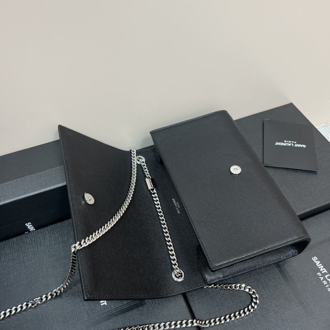 YSL KATE MEDIUM IN GRAIN DE POUDRE EMBOSSED LEATHER BLACK SILVER 9.4 X 5.7 X 2.1 INCHES