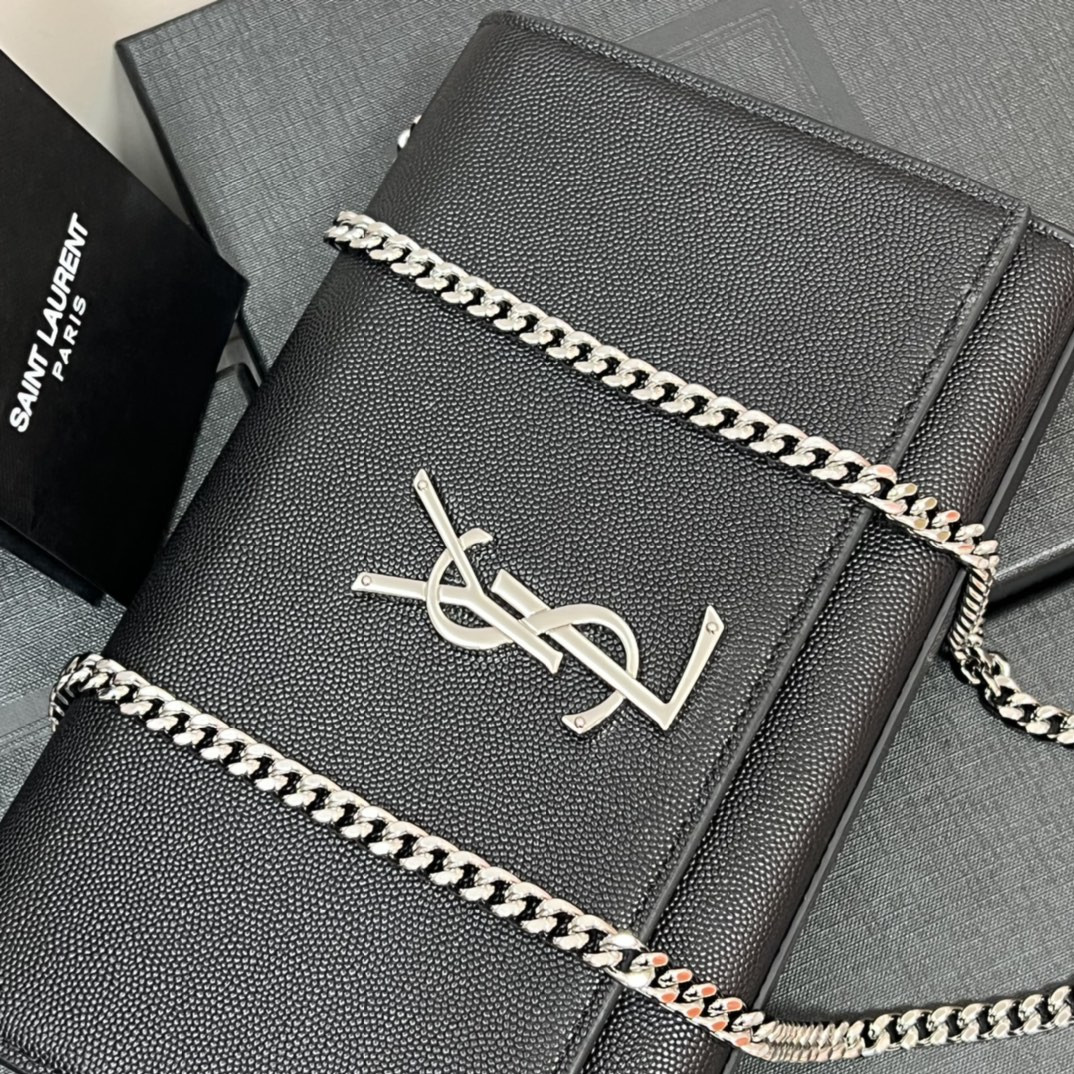 YSL KATE MEDIUM IN GRAIN DE POUDRE EMBOSSED LEATHER BLACK SILVER 9.4 X 5.7 X 2.1 INCHES