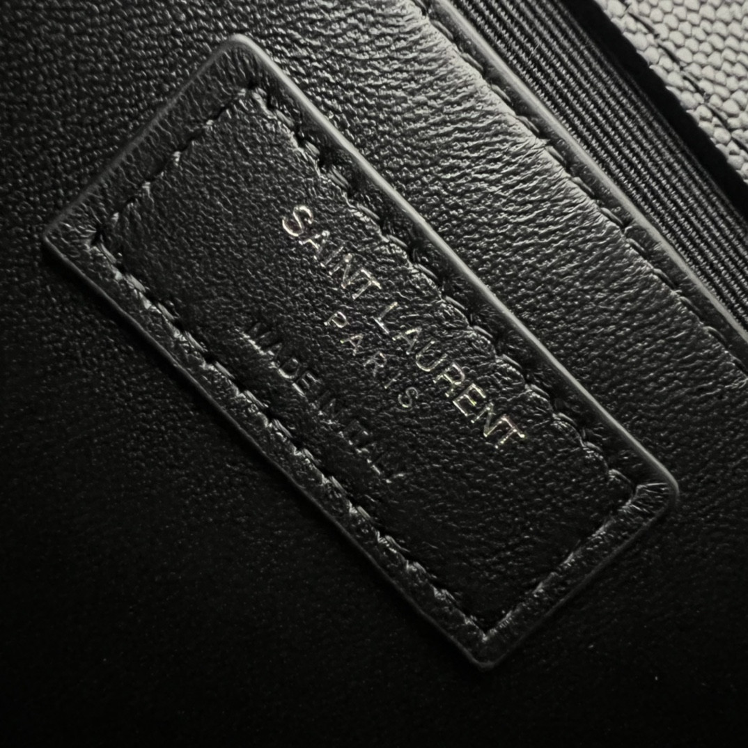 YSL KATE MEDIUM IN GRAIN DE POUDRE EMBOSSED LEATHER BLACK SILVER 9.4 X 5.7 X 2.1 INCHES