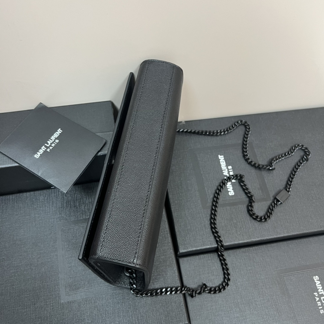 YSL KATE MEDIUM IN GRAIN DE POUDRE EMBOSSED LEATHER ALL BLACK 9.4 X 5.7 X 2.1 INCHES