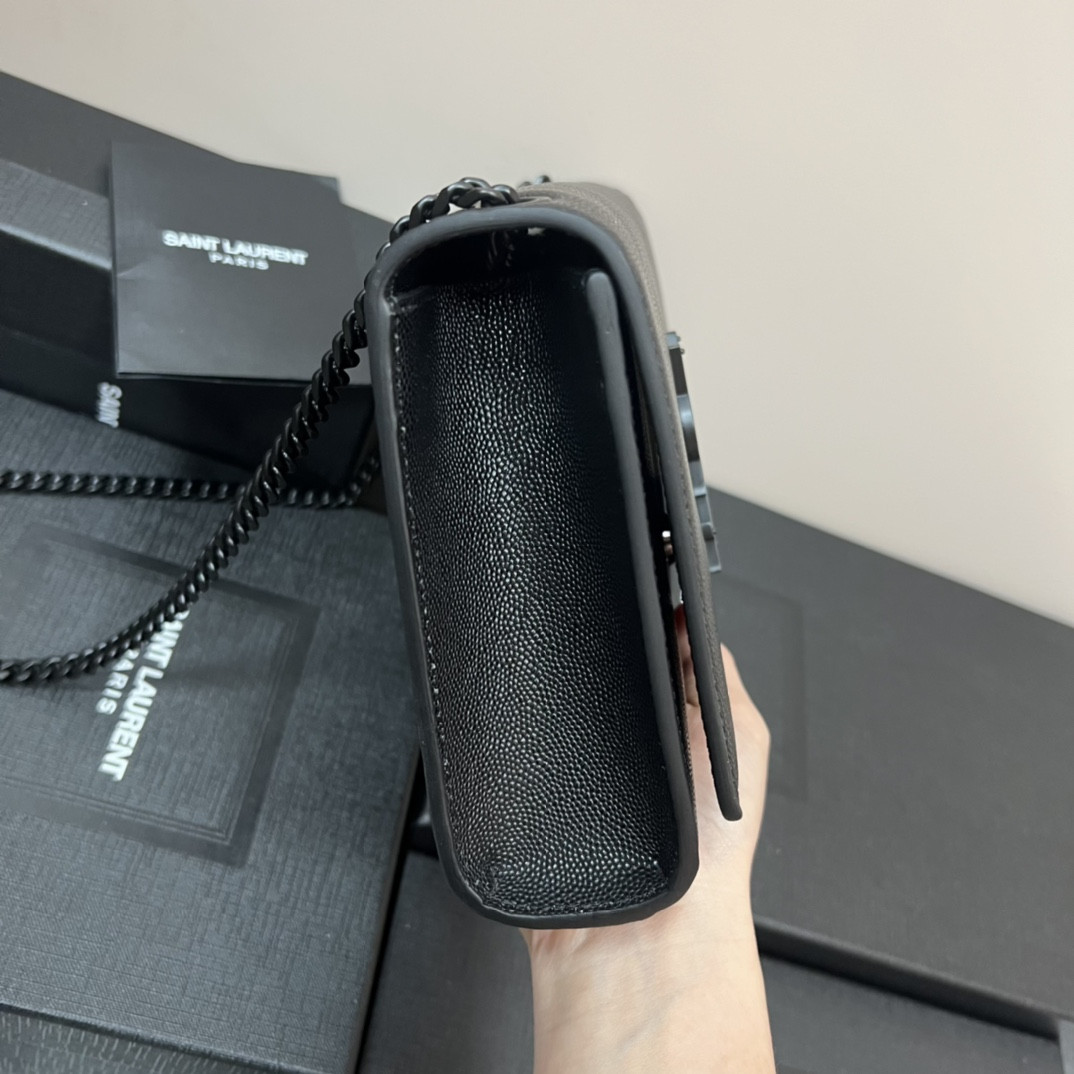 YSL KATE MEDIUM IN GRAIN DE POUDRE EMBOSSED LEATHER ALL BLACK 9.4 X 5.7 X 2.1 INCHES