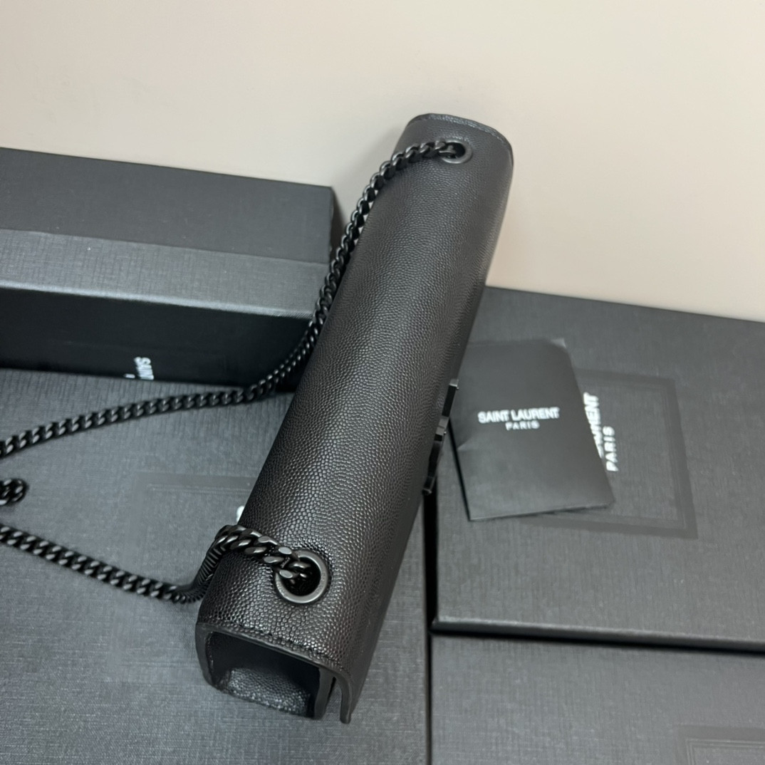 YSL KATE MEDIUM IN GRAIN DE POUDRE EMBOSSED LEATHER ALL BLACK 9.4 X 5.7 X 2.1 INCHES