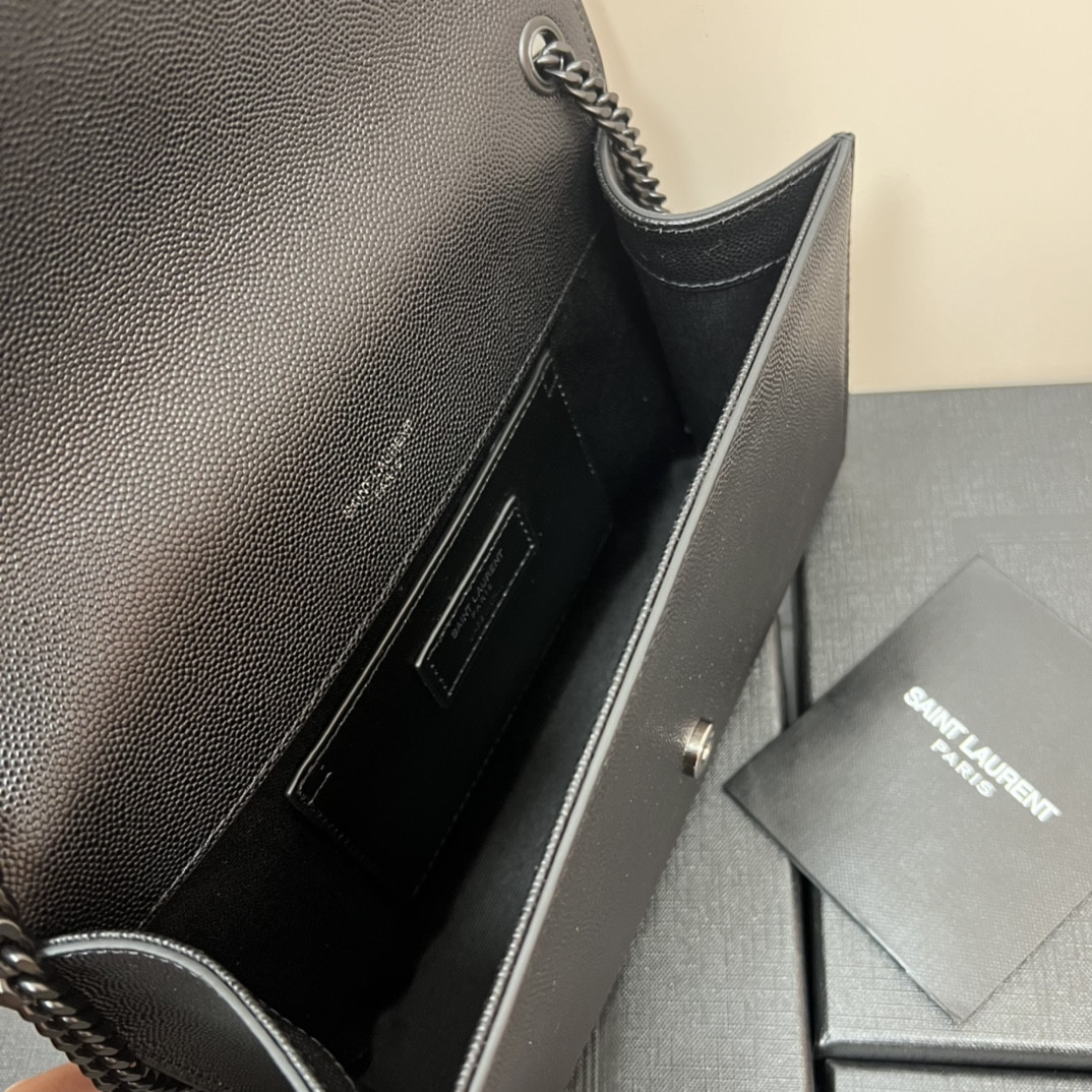 YSL KATE MEDIUM IN GRAIN DE POUDRE EMBOSSED LEATHER ALL BLACK 9.4 X 5.7 X 2.1 INCHES