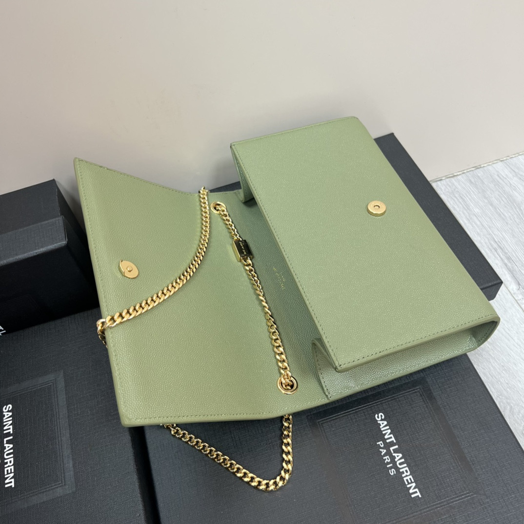 YSL KATE MEDIUM IN GRAIN DE POUDRE EMBOSSED LEATHER GREEN 9.4 X 5.7 X 2.1 INCHES