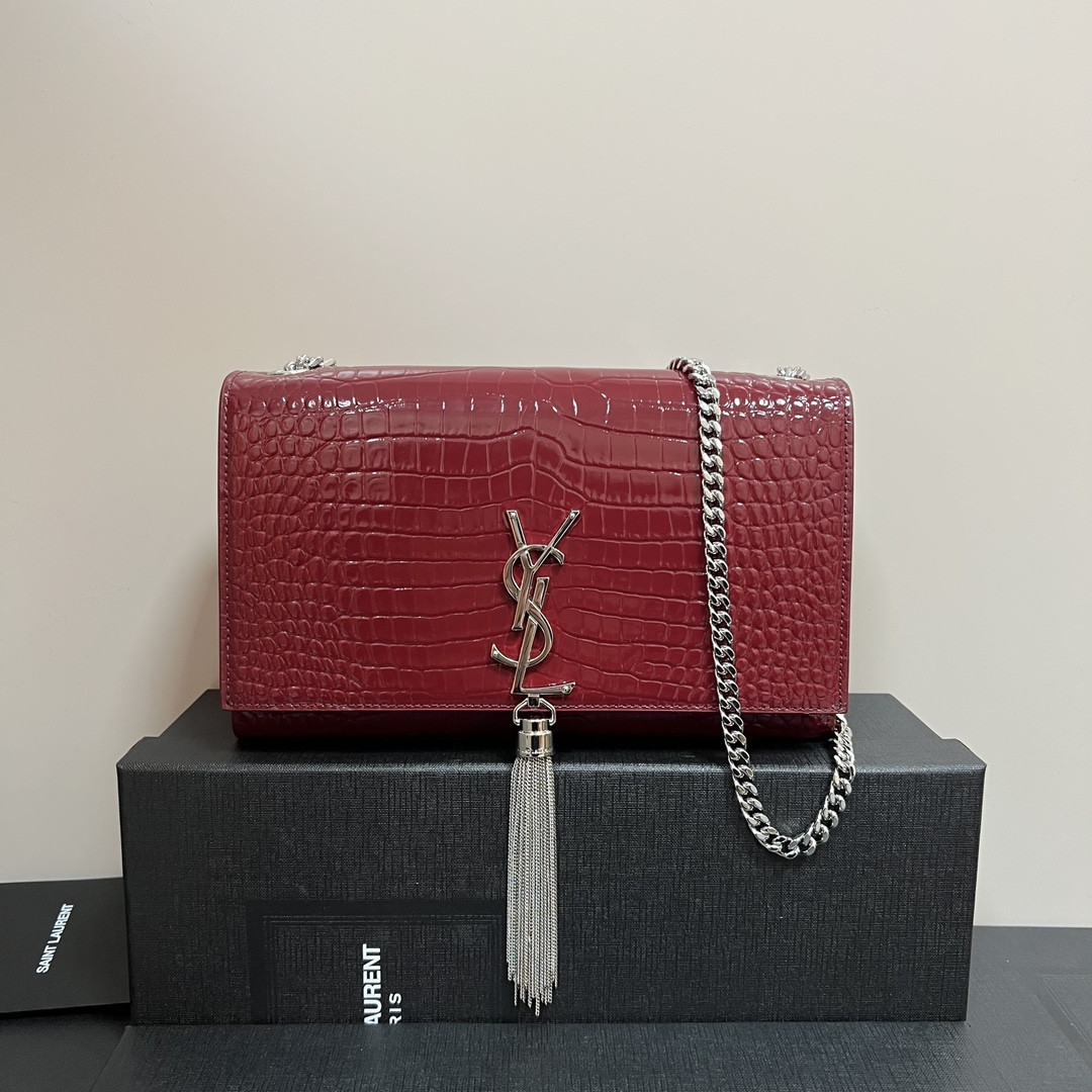 YSL KATE MEDIUM TASSEL IN CROCODILE-EMBOSSED LEATHER RED 9.4 X 5.7 X 2.1 INCHES