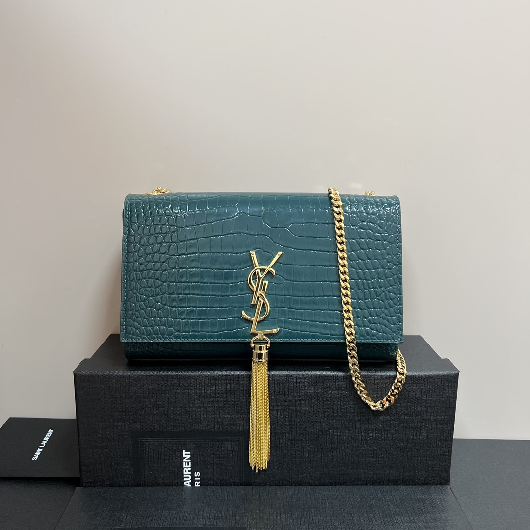 YSL KATE MEDIUM TASSEL IN CROCODILE-EMBOSSED LEATHER BLUE 9.4 X 5.7 X 2.1 INCHES