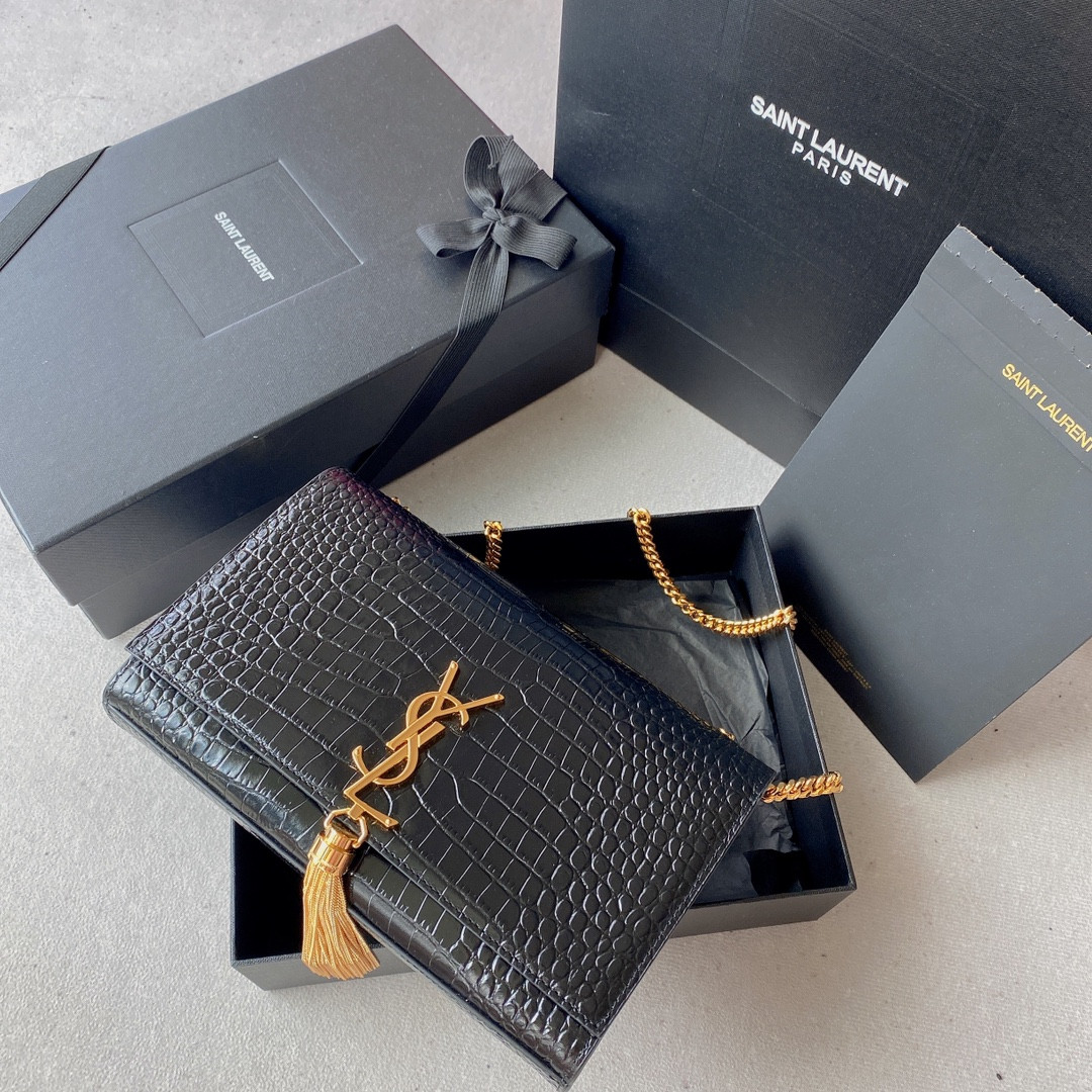 YSL KATE MEDIUM TASSEL IN CROCODILE-EMBOSSED LEATHER BLACK 9.4 X 5.7 X 2.1 INCHES