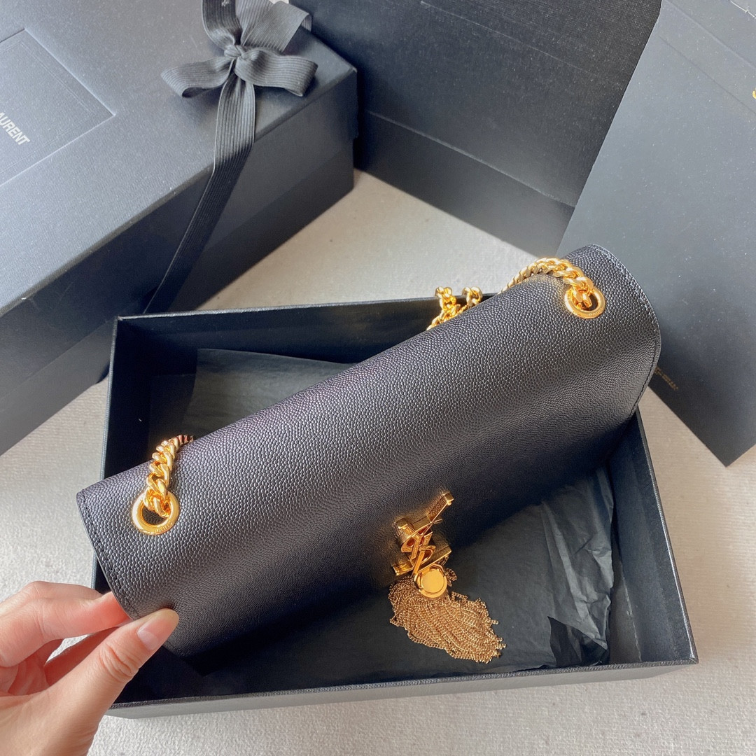 YSL KATE MEDIUM IN GRAIN DE POUDRE EMBOSSED LEATHER BLACK 9.4 X 5.7 X 2.1 INCHES