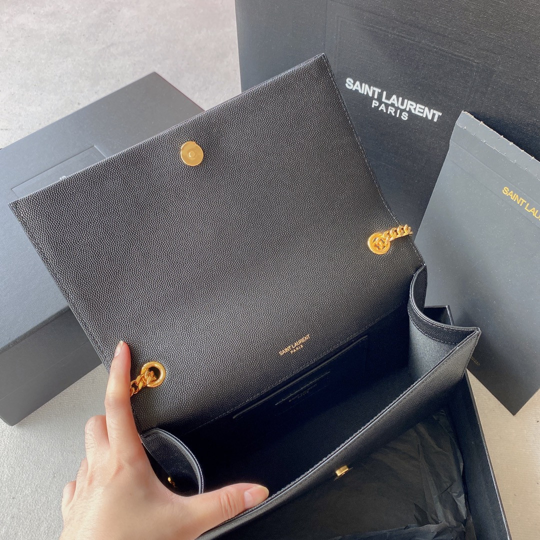 YSL KATE MEDIUM IN GRAIN DE POUDRE EMBOSSED LEATHER BLACK 9.4 X 5.7 X 2.1 INCHES