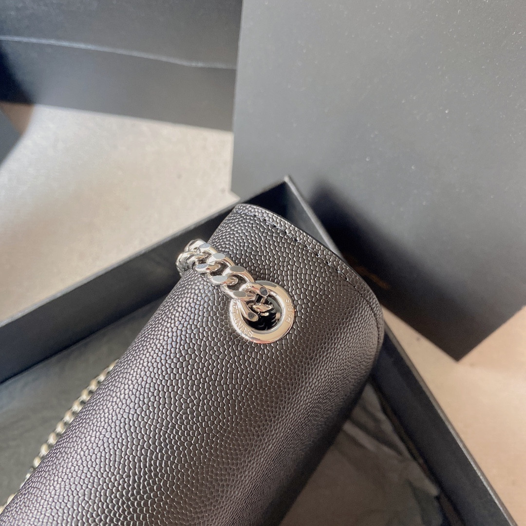 YSL KATE MEDIUM IN GRAIN DE POUDRE EMBOSSED LEATHER BLACK SILVER 9.4 X 5.7 X 2.1 INCHES