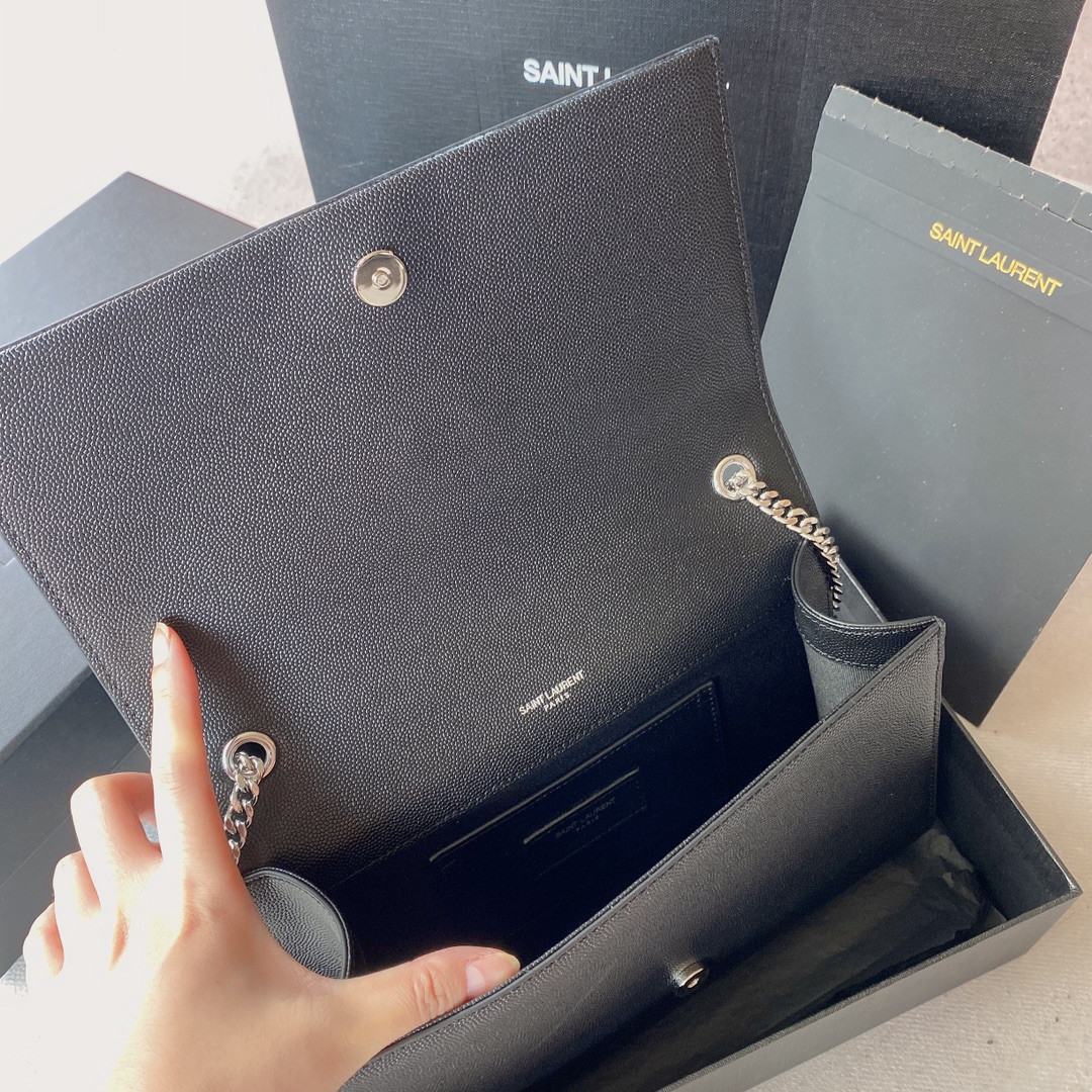 YSL KATE MEDIUM IN GRAIN DE POUDRE EMBOSSED LEATHER BLACK SILVER 9.4 X 5.7 X 2.1 INCHES