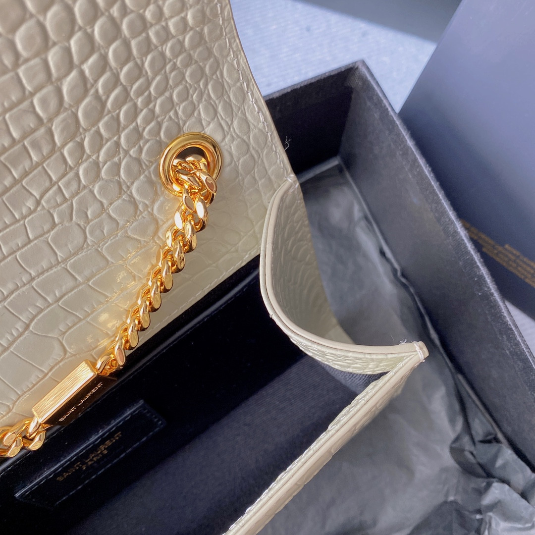 YSL KATE MEDIUM TASSEL IN CROCODILE-EMBOSSED LEATHER WHITE 9.4 X 5.7 X 2.1 INCHES