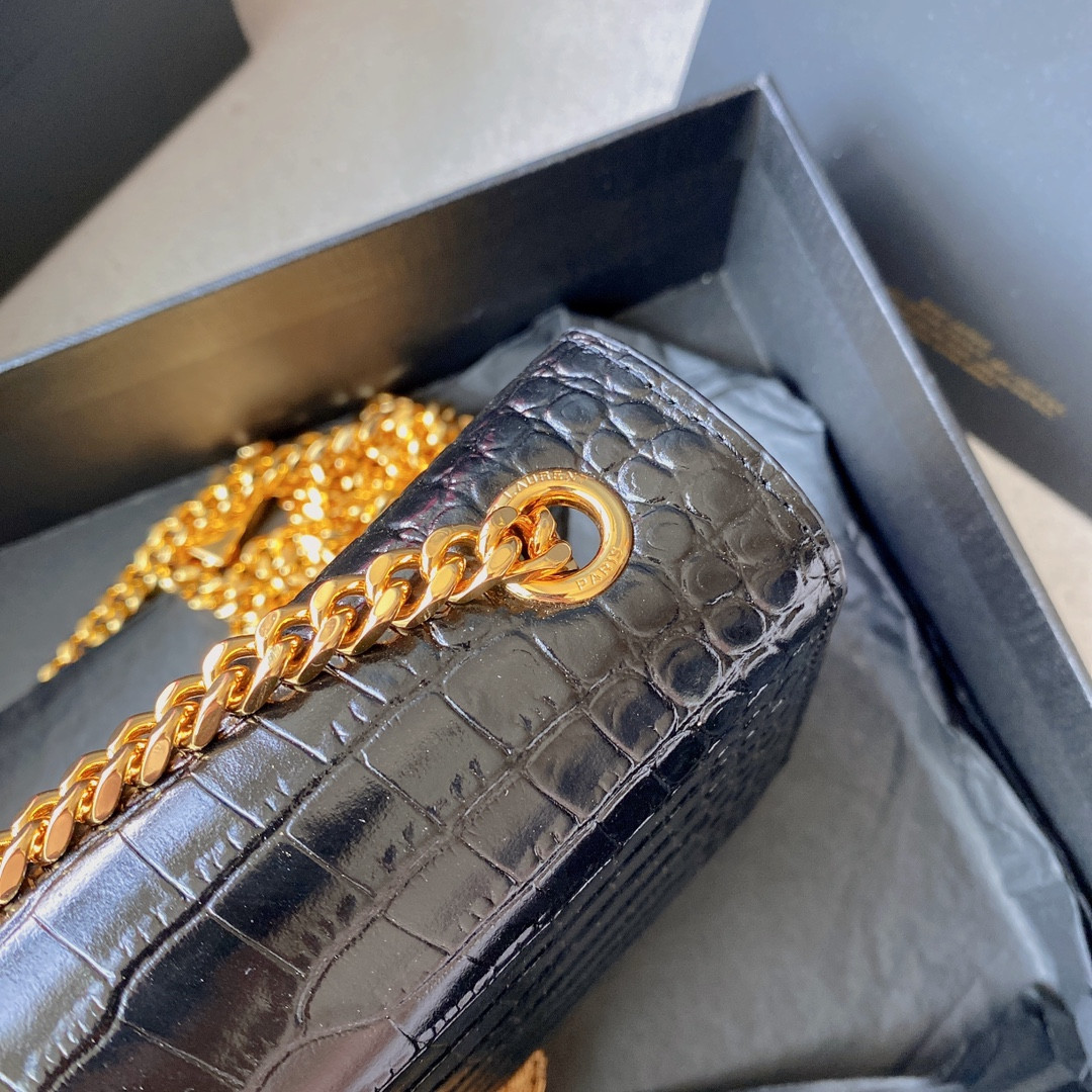 YSL KATE SMALL IN GRAIN DE POUDRE EMBOSSED LEATHER BLACK 7.8 X 4.9 X 1.9 INCHES