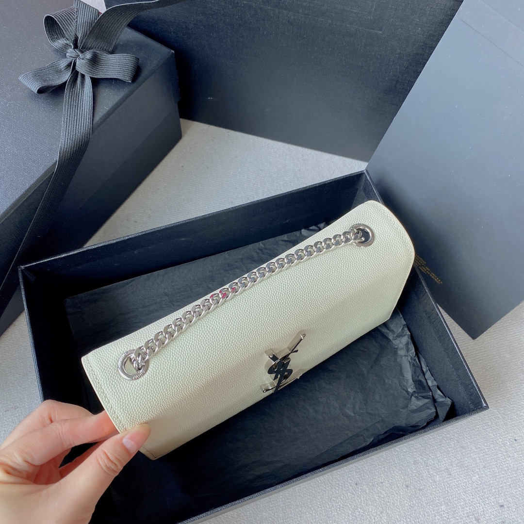 YSL KATE SMALL IN GRAIN DE POUDRE EMBOSSED LEATHER WHITE SILVER 7.8 X 4.9 X 1.9 INCHES