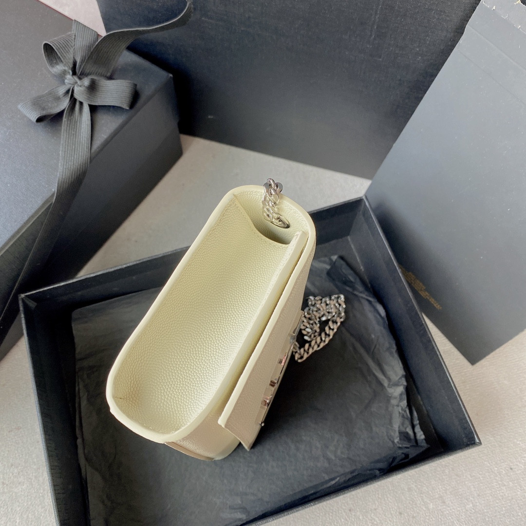 YSL KATE SMALL IN GRAIN DE POUDRE EMBOSSED LEATHER WHITE SILVER 7.8 X 4.9 X 1.9 INCHES