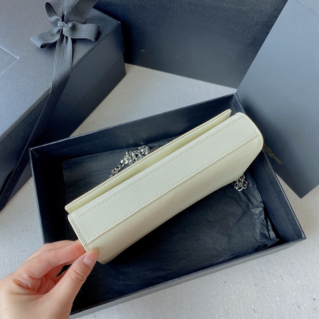 YSL KATE SMALL IN GRAIN DE POUDRE EMBOSSED LEATHER WHITE SILVER 7.8 X 4.9 X 1.9 INCHES