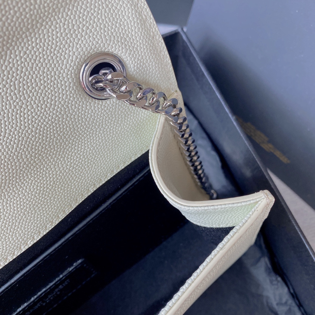 YSL KATE SMALL IN GRAIN DE POUDRE EMBOSSED LEATHER WHITE SILVER 7.8 X 4.9 X 1.9 INCHES