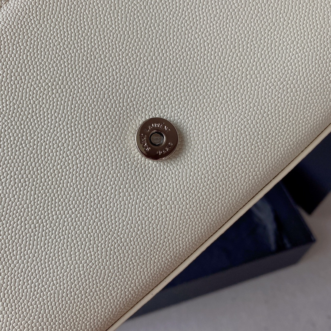 YSL KATE SMALL IN GRAIN DE POUDRE EMBOSSED LEATHER WHITE SILVER 7.8 X 4.9 X 1.9 INCHES