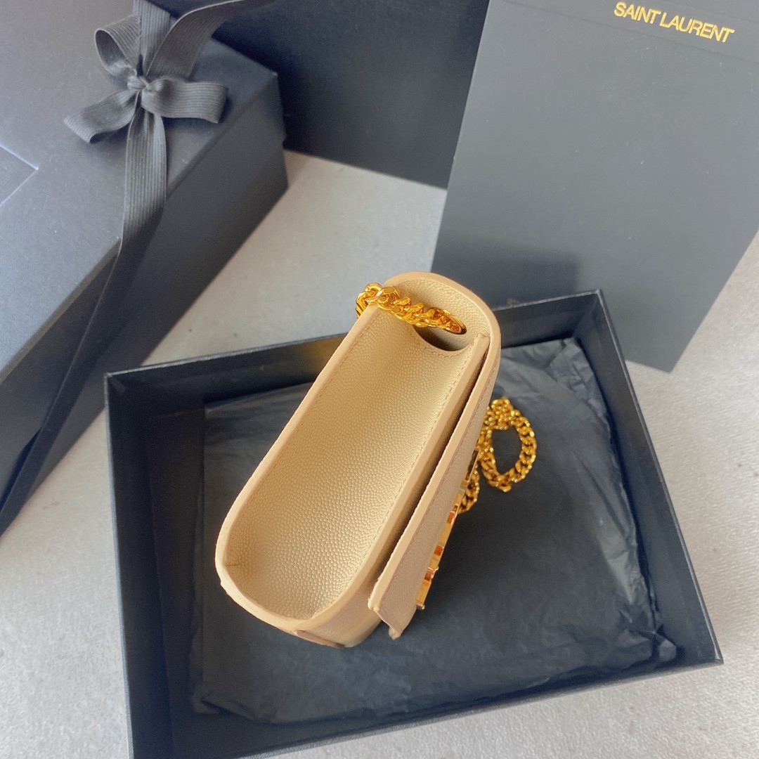 YSL KATE SMALL IN GRAIN DE POUDRE EMBOSSED LEATHER LIGHT YELLOW GOLD 7.8 X 4.9 X 1.9 INCHES