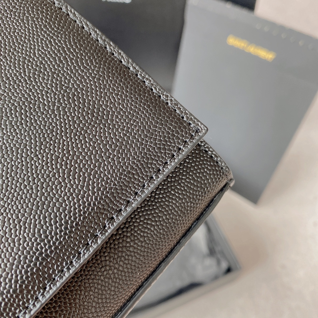 YSL KATE SMALL IN GRAIN DE POUDRE EMBOSSED LEATHER NAVY GOLD 7.8 X 4.9 X 1.9 INCHES