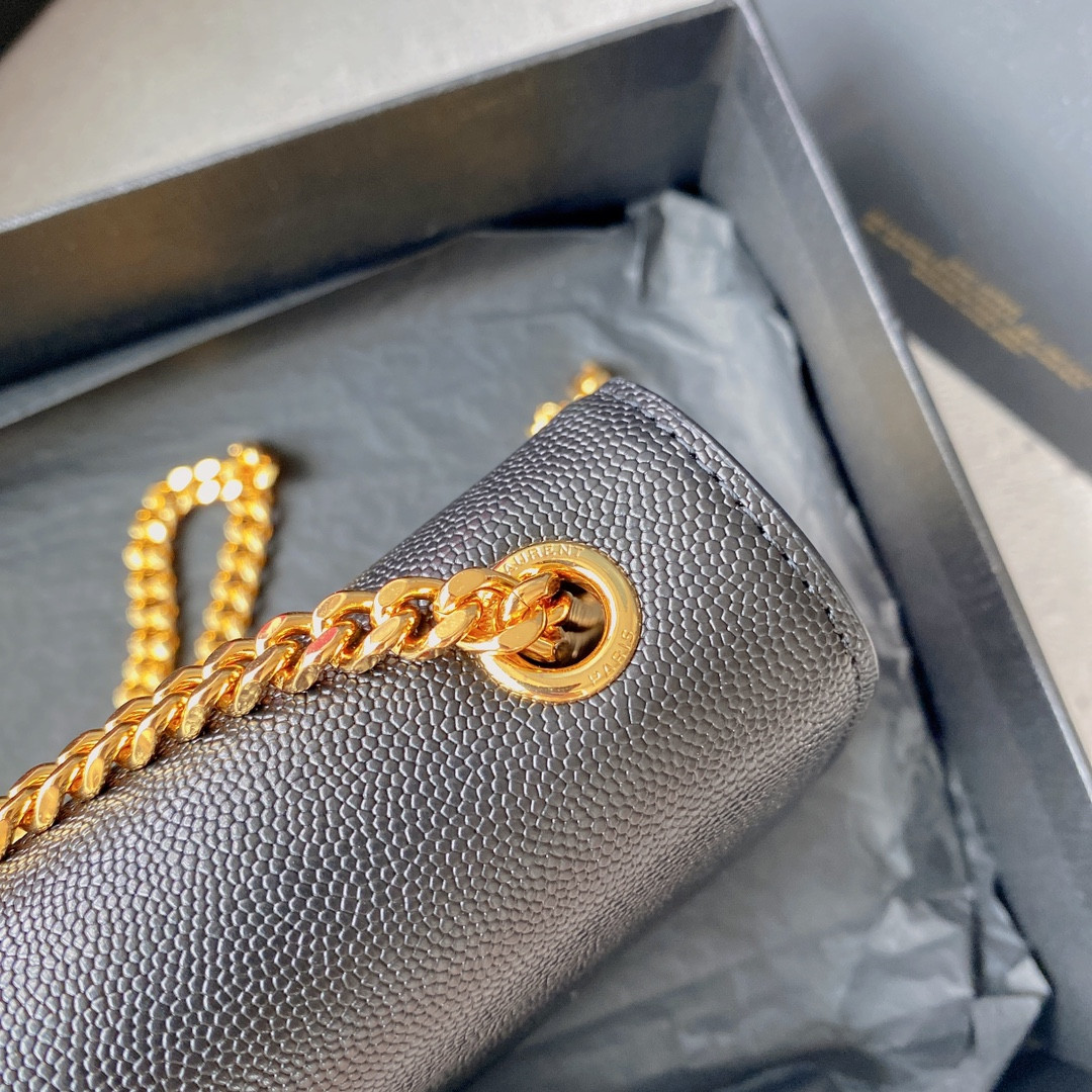 YSL KATE SMALL IN GRAIN DE POUDRE EMBOSSED LEATHER NAVY GOLD 7.8 X 4.9 X 1.9 INCHES