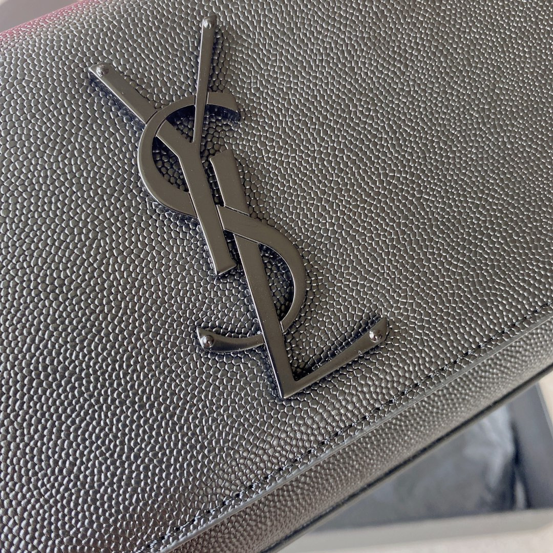 YSL KATE SMALL IN GRAIN DE POUDRE EMBOSSED LEATHER NAVY 7.8 X 4.9 X 1.9 INCHES