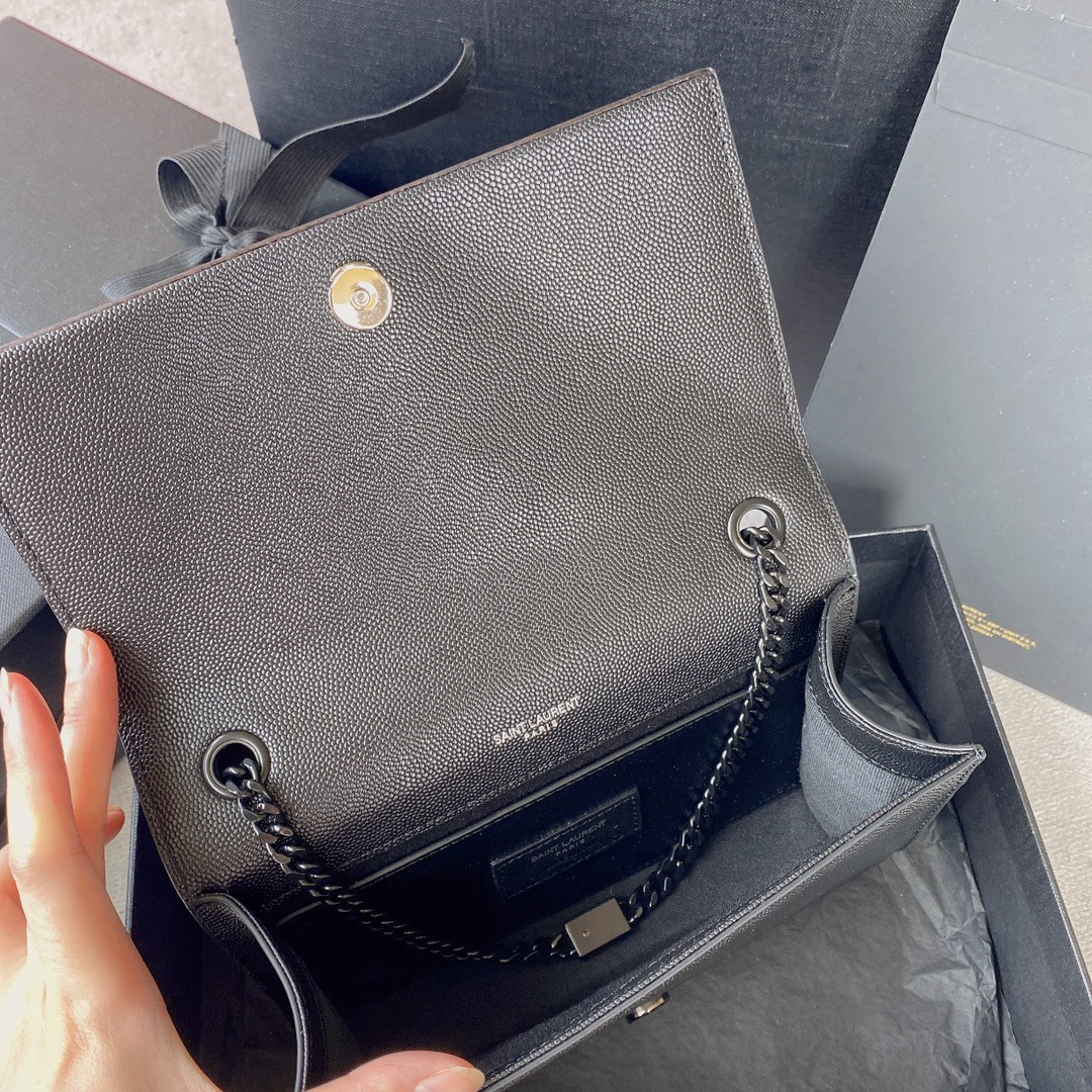 YSL KATE SMALL IN GRAIN DE POUDRE EMBOSSED LEATHER NAVY 7.8 X 4.9 X 1.9 INCHES