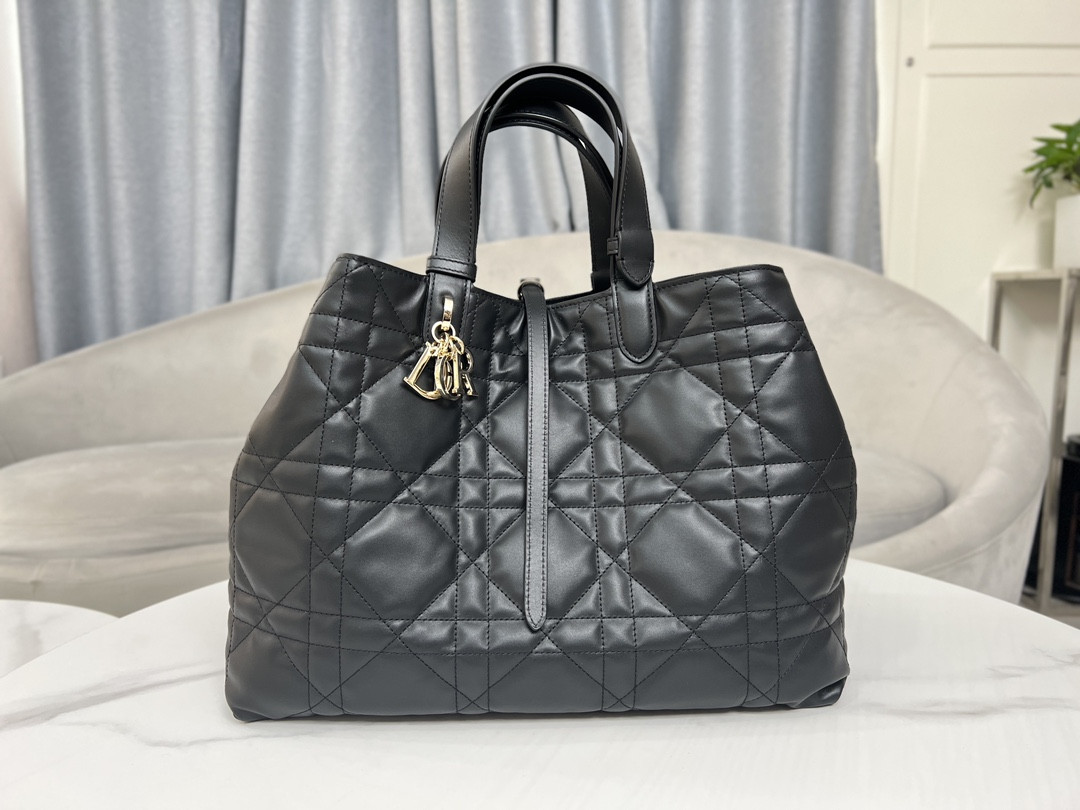 Large Dior Toujours Bag Black Macrocannage Calfskin 14.5 x 10.5 x 8.5 inches