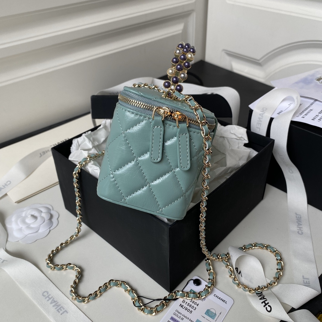 CHANEL 24P CHAIN LEATHER SQUARE BOX SHOULDER BAG BLUE 16x10x8cm