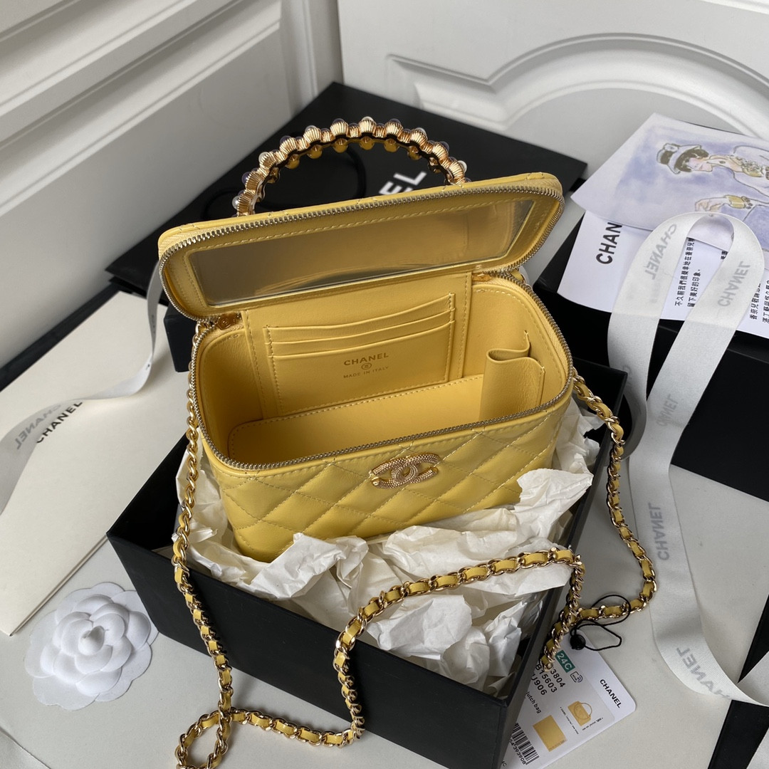 CHANEL 24P CHAIN LEATHER SQUARE BOX SHOULDER BAG YELLOW 16x10x8cm