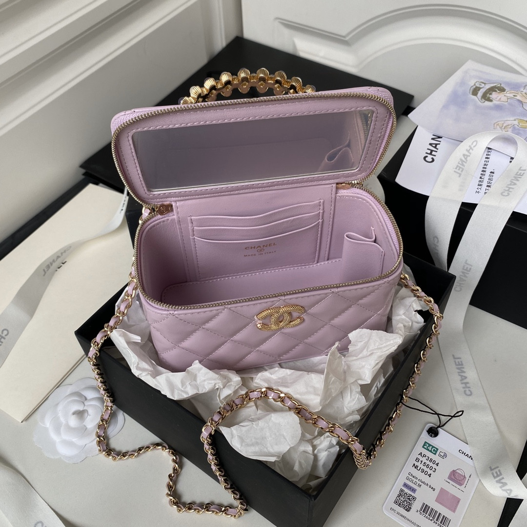 CHANEL 24P CHAIN LEATHER SQUARE BOX SHOULDER BAG PURPLE 16x10x8cm