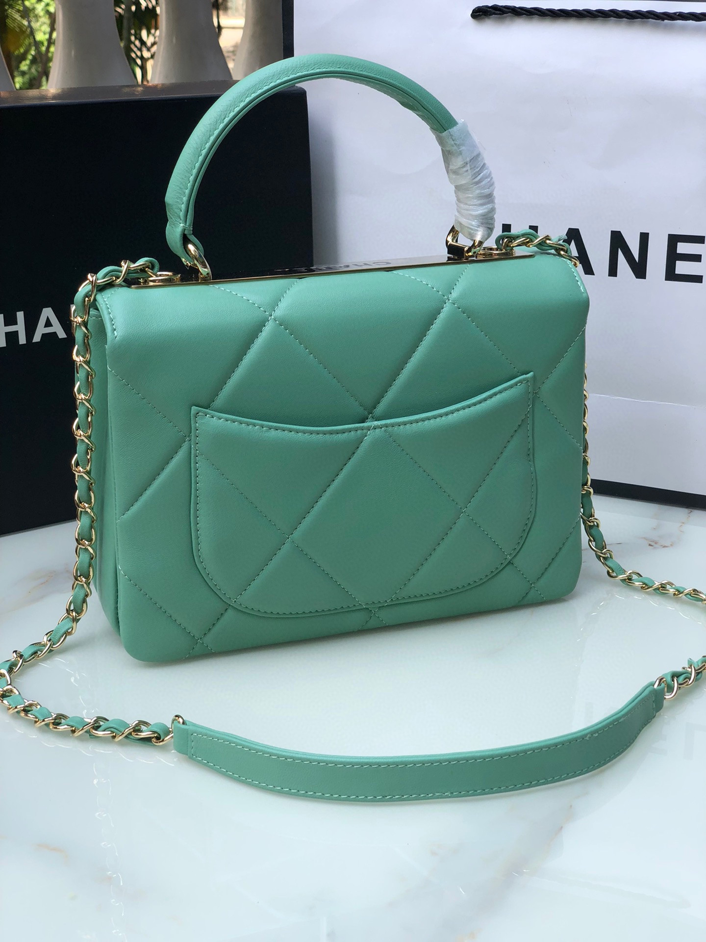 CHANEL FLAP BAG WITH TOP HANDLE BLUE 6.6 × 9.8 × 4.7 in
