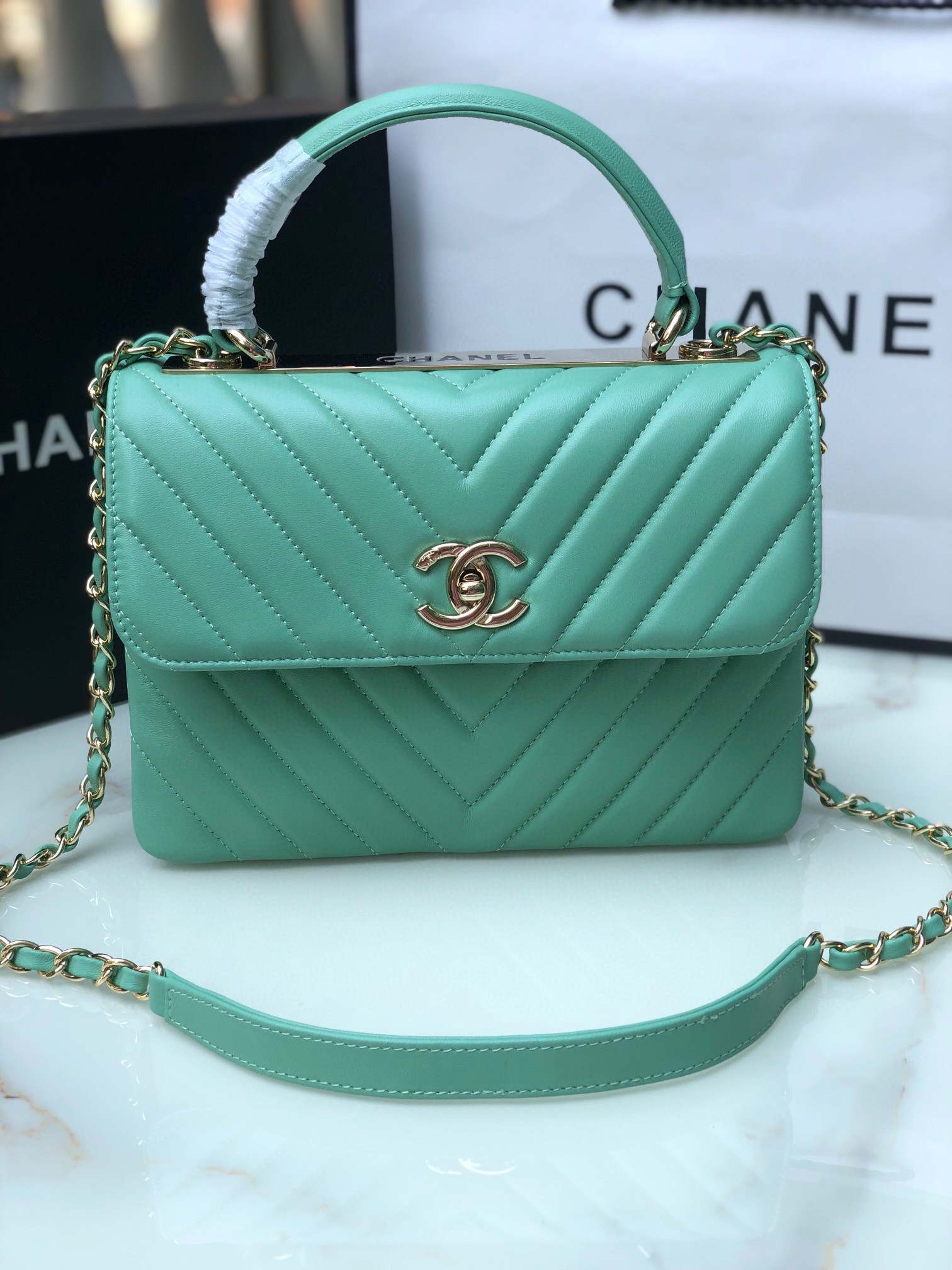 CHANEL FLAP BAG WITH TOP HANDLE BLUE SILVER 6.6 × 9.8 × 4.7 in