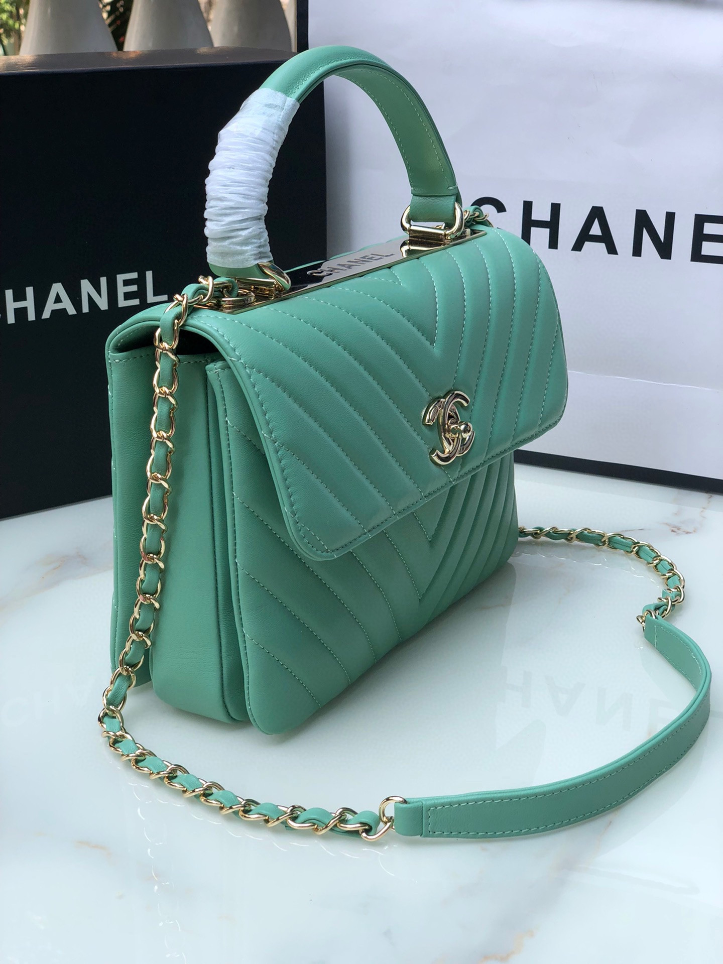 CHANEL FLAP BAG WITH TOP HANDLE BLUE SILVER 6.6 × 9.8 × 4.7 in