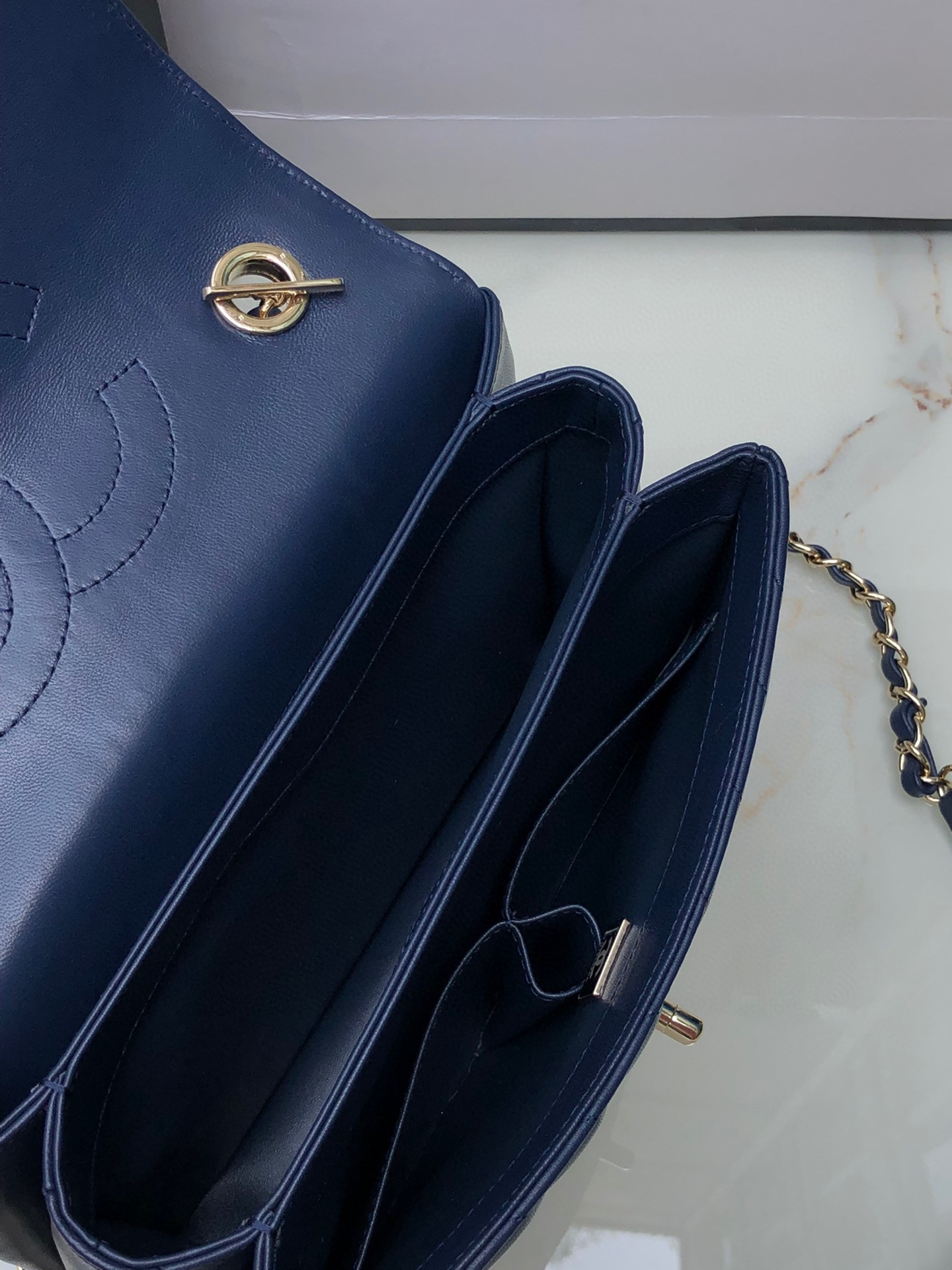 CHANEL FLAP BAG WITH TOP HANDLE NAVY 6.6 × 9.8 × 4.7 in