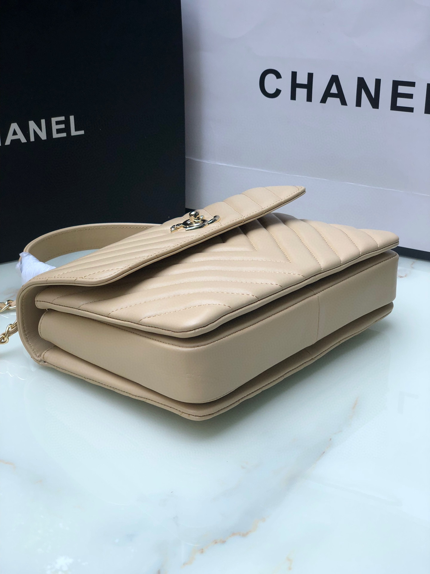 CHANEL FLAP BAG WITH TOP HANDLE BEIGE 6.6 × 9.8 × 4.7 in