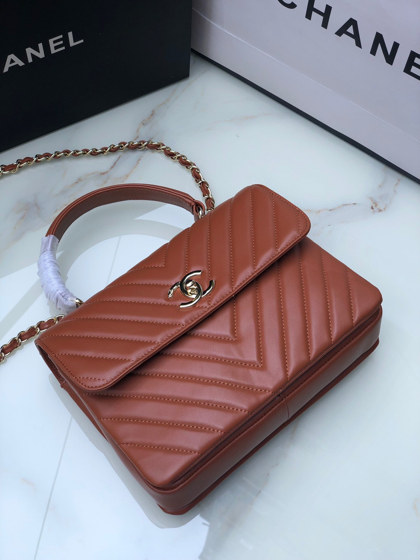 CHANEL FLAP BAG WITH TOP HANDLE ORANGE 6.6 × 9.8 × 4.7 in