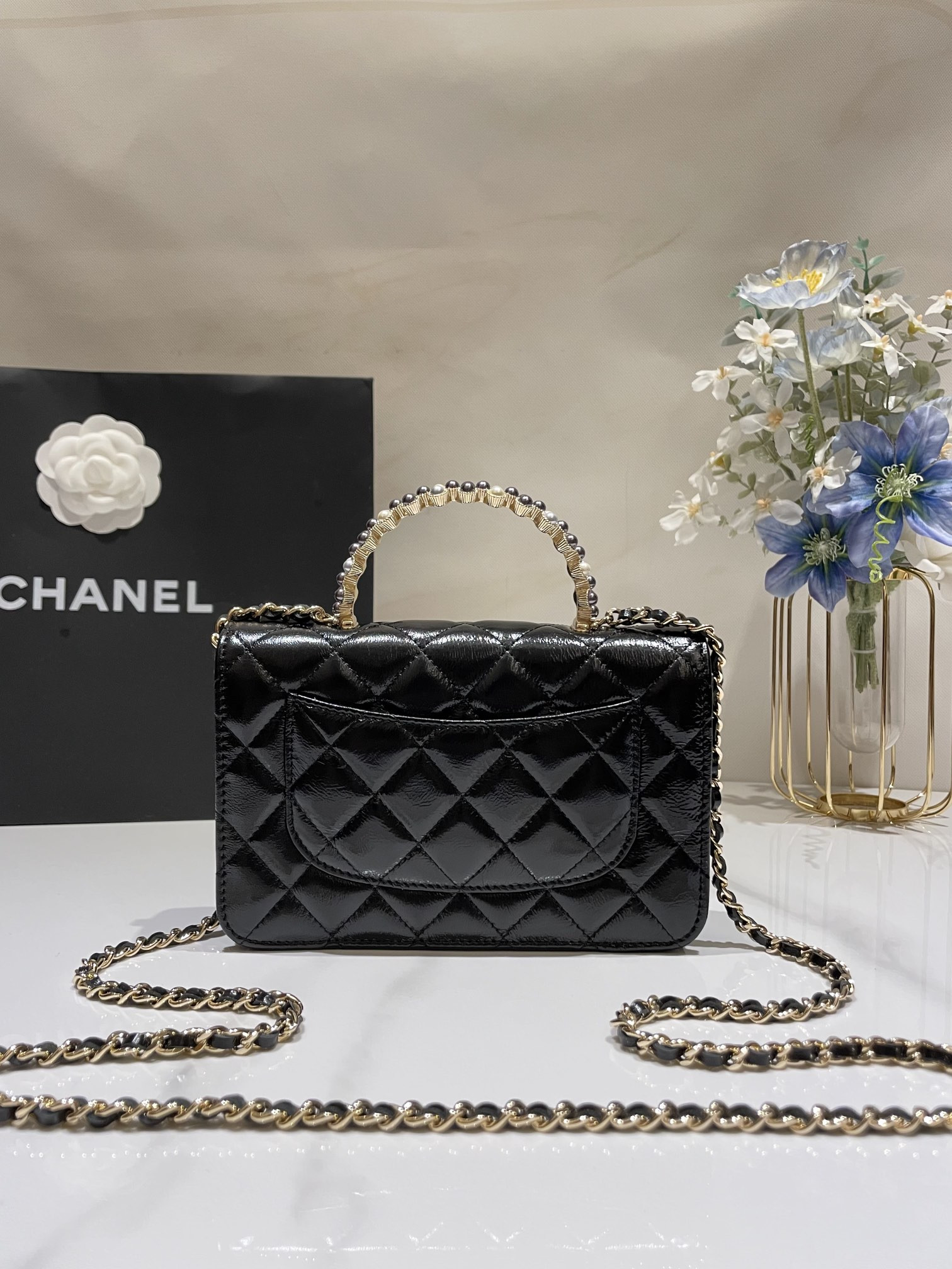 CHANEL CLASSIC WALLET ON CHAIN Rhinestone Handle BLACK 4.8 × 7.5 × 1.4