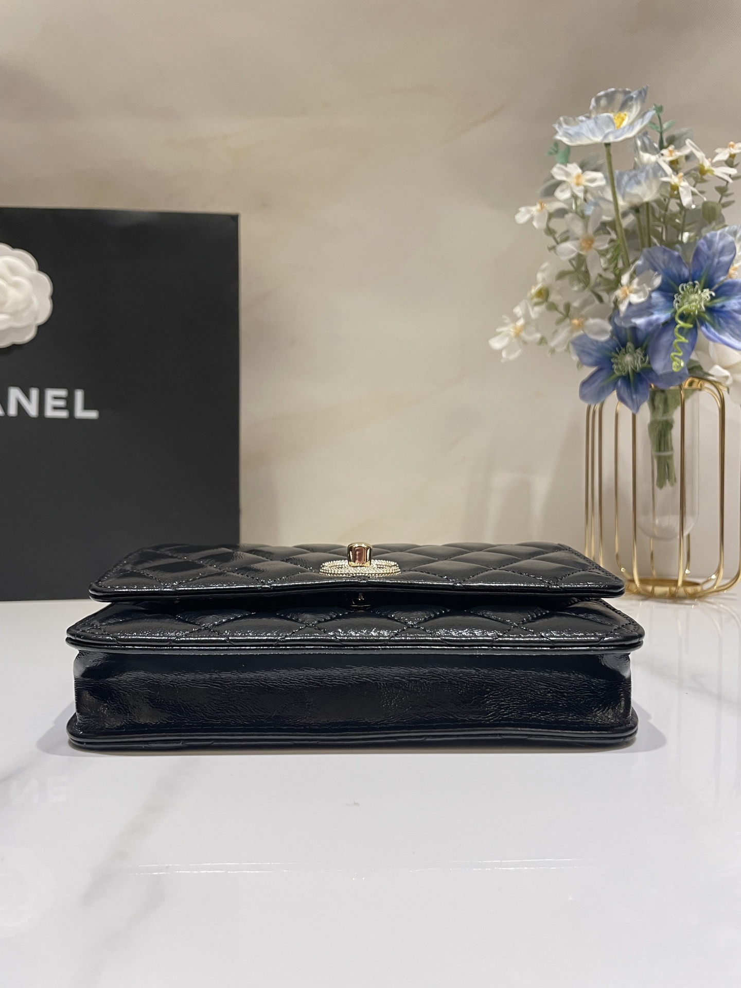 CHANEL CLASSIC WALLET ON CHAIN Rhinestone Handle BLACK 4.8 × 7.5 × 1.4