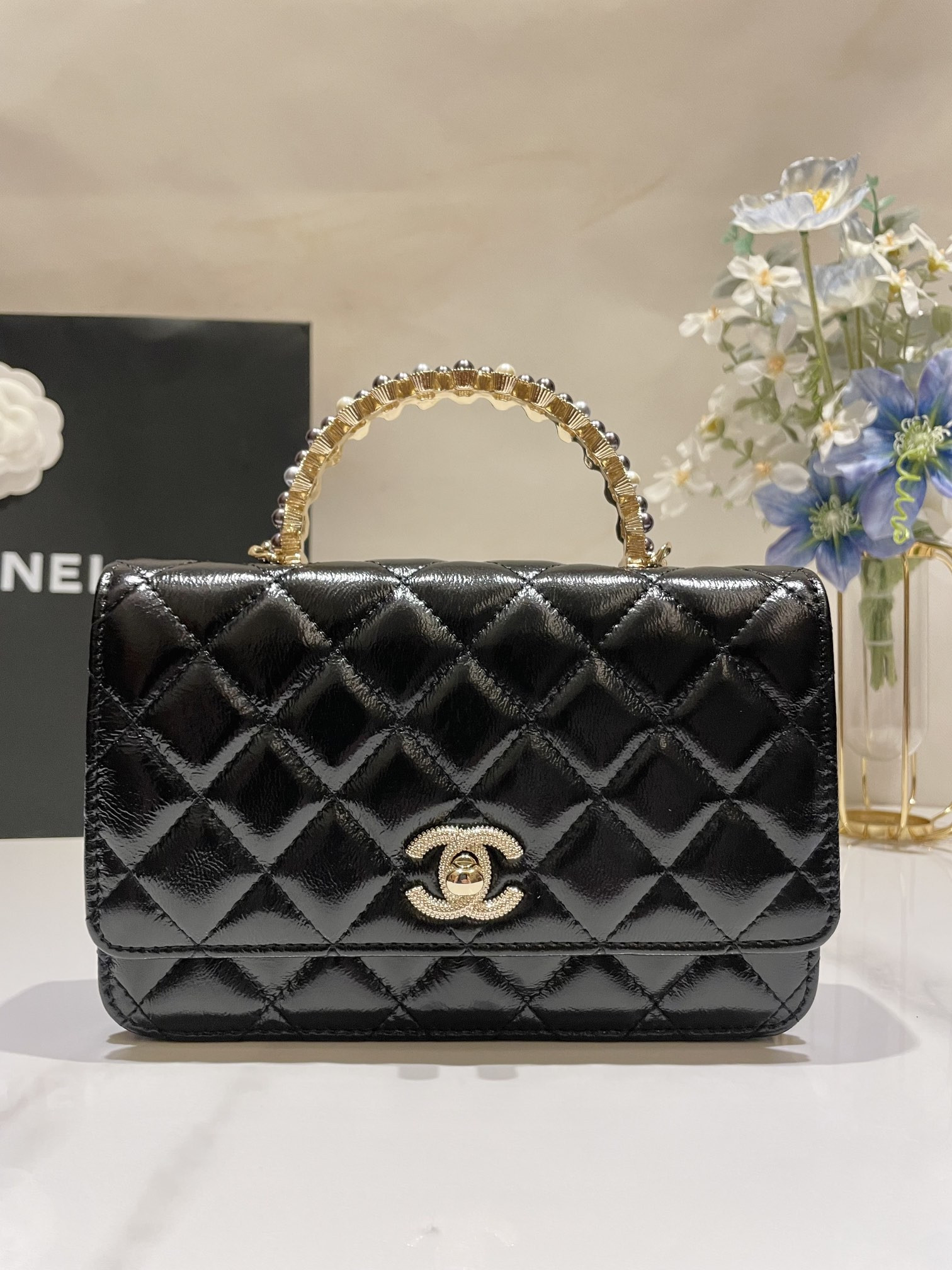 CHANEL CLASSIC WALLET ON CHAIN Rhinestone Handle BLACK 4.8 × 7.5 × 1.4