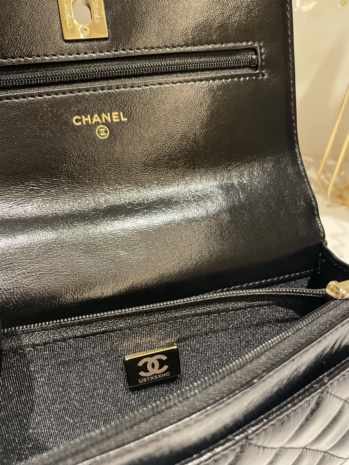 CHANEL CLASSIC WALLET ON CHAIN Rhinestone Handle BLACK 4.8 × 7.5 × 1.4